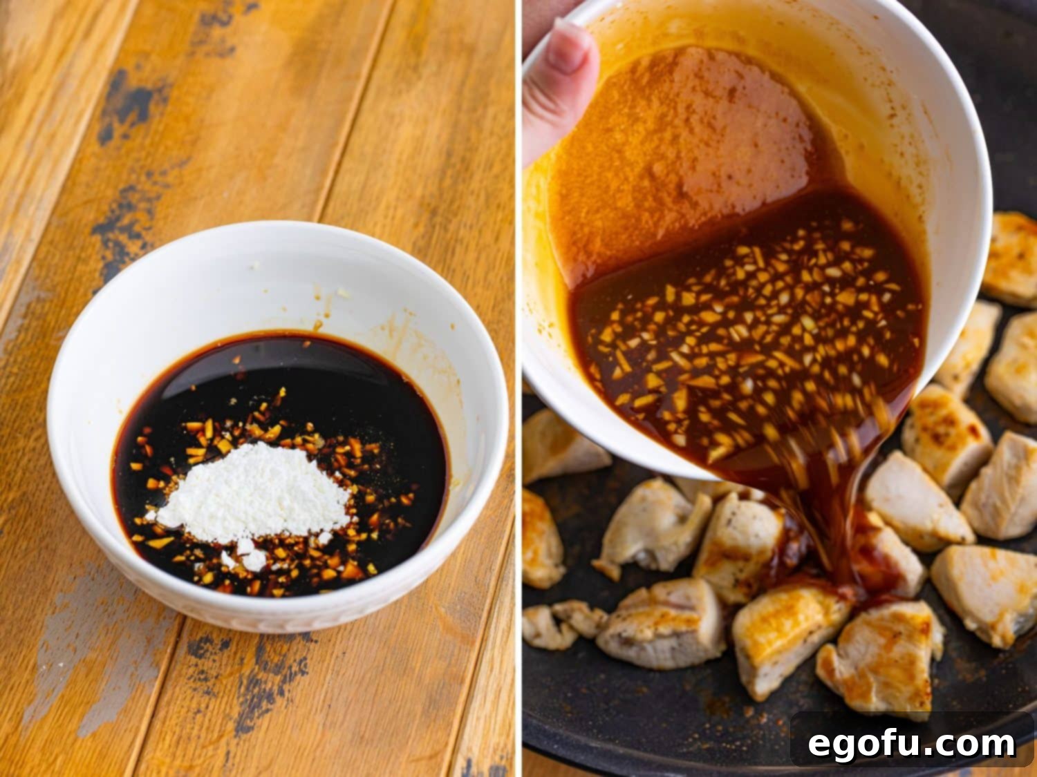 Effortless Teriyaki Glazed Chicken 6 Sauce ingredients in a bowl and teriyaki sauce being poured over chicken.