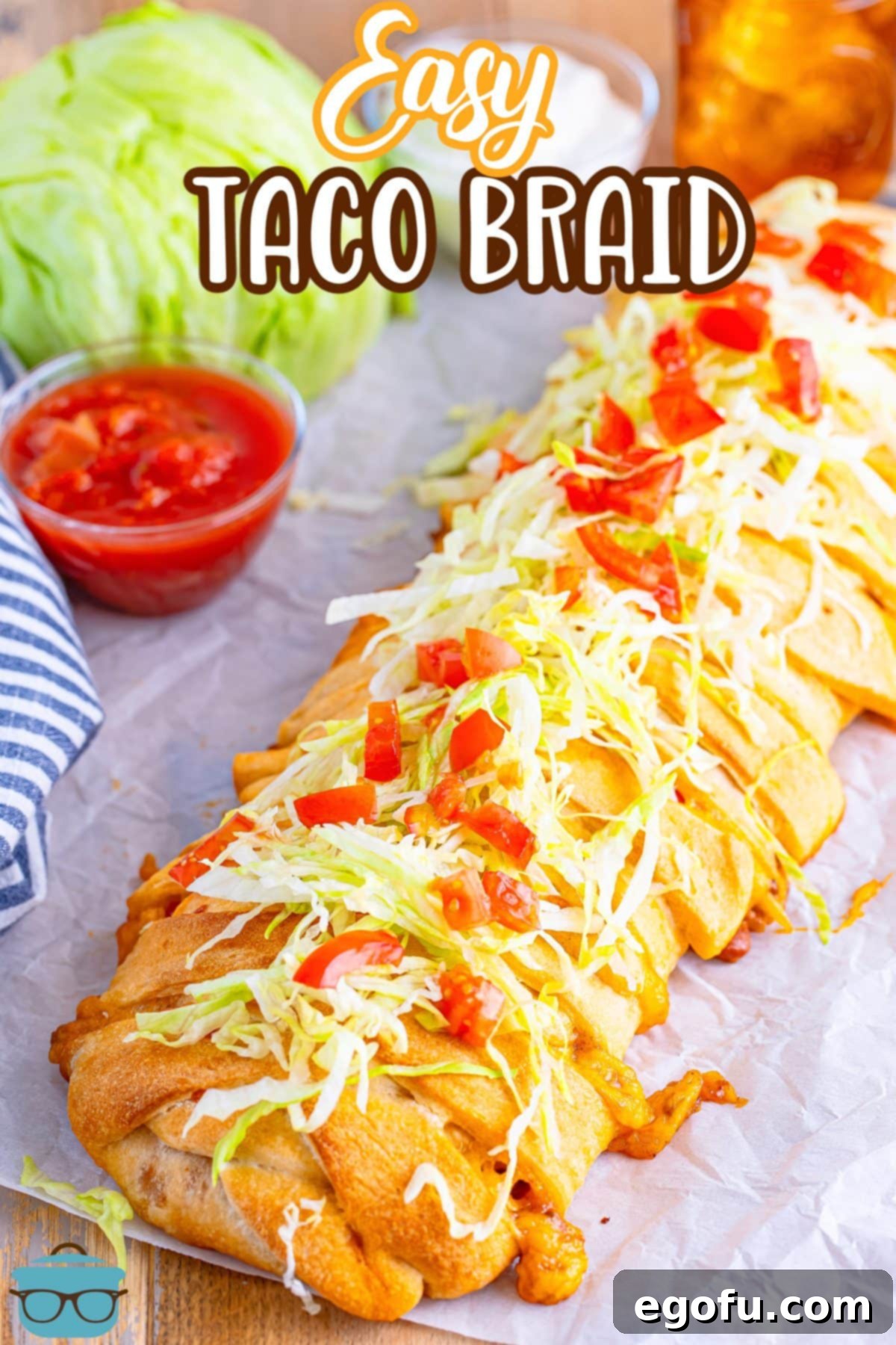An uncut Taco Braid laid out on the table, ready to be sliced.