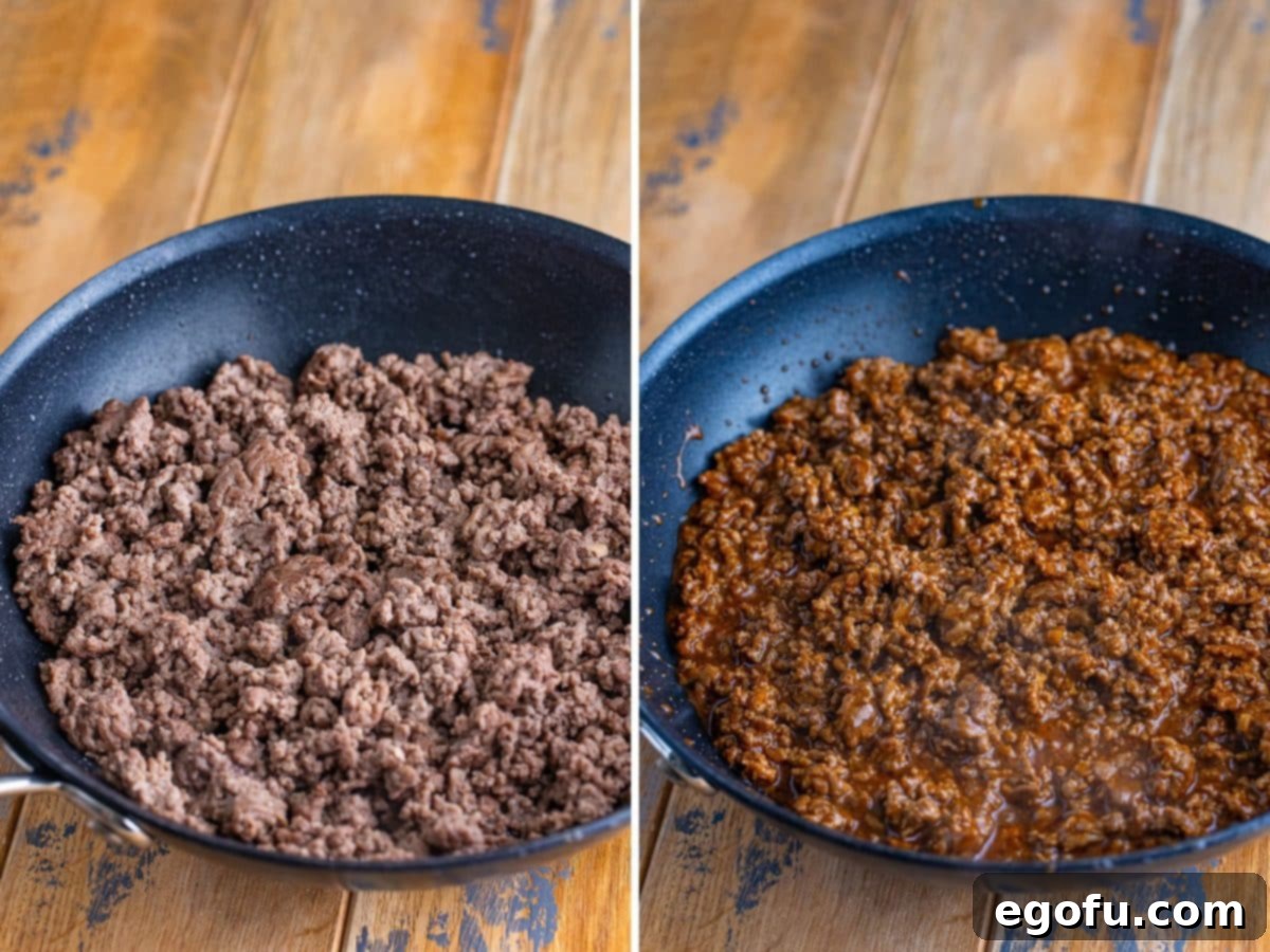 Two images side by side: A skillet with cooked ground beef on the left, and a skillet with ground beef flavored with taco seasoning simmering on the right.