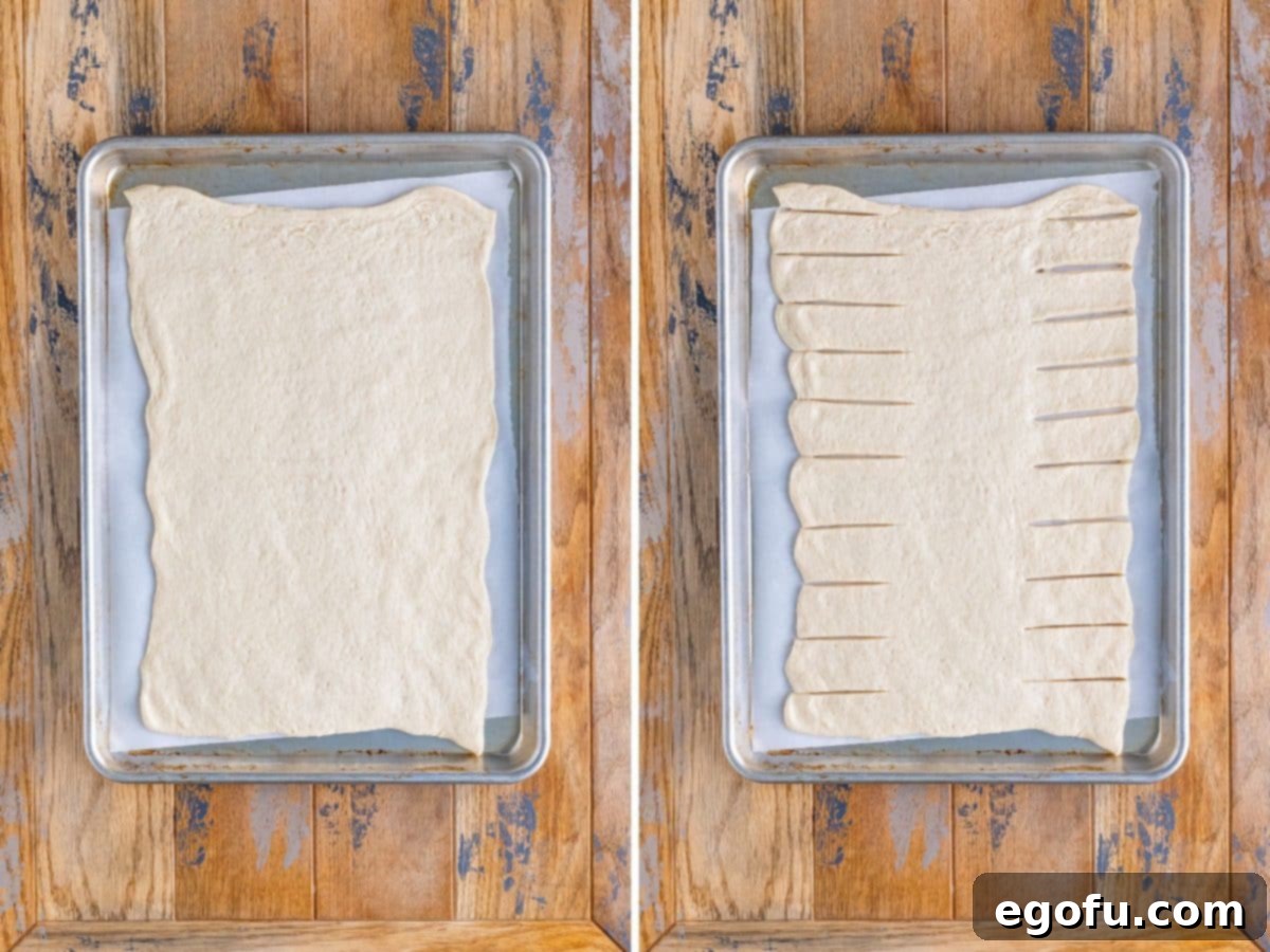 Two images side by side: Pizza dough rolled out on a rimmed baking sheet on the left, and the same pizza dough with evenly spaced cut slashes along its long sides on the right.