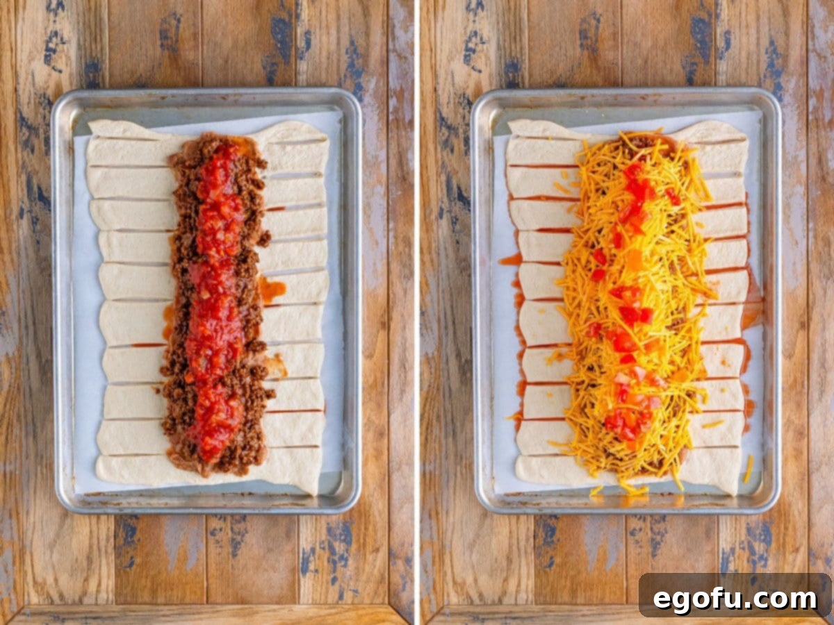 Two images side by side: Pizza dough with refried beans, ground beef, and salsa layered on the left, and the same dough with added shredded cheese and diced tomatoes on top on the right.