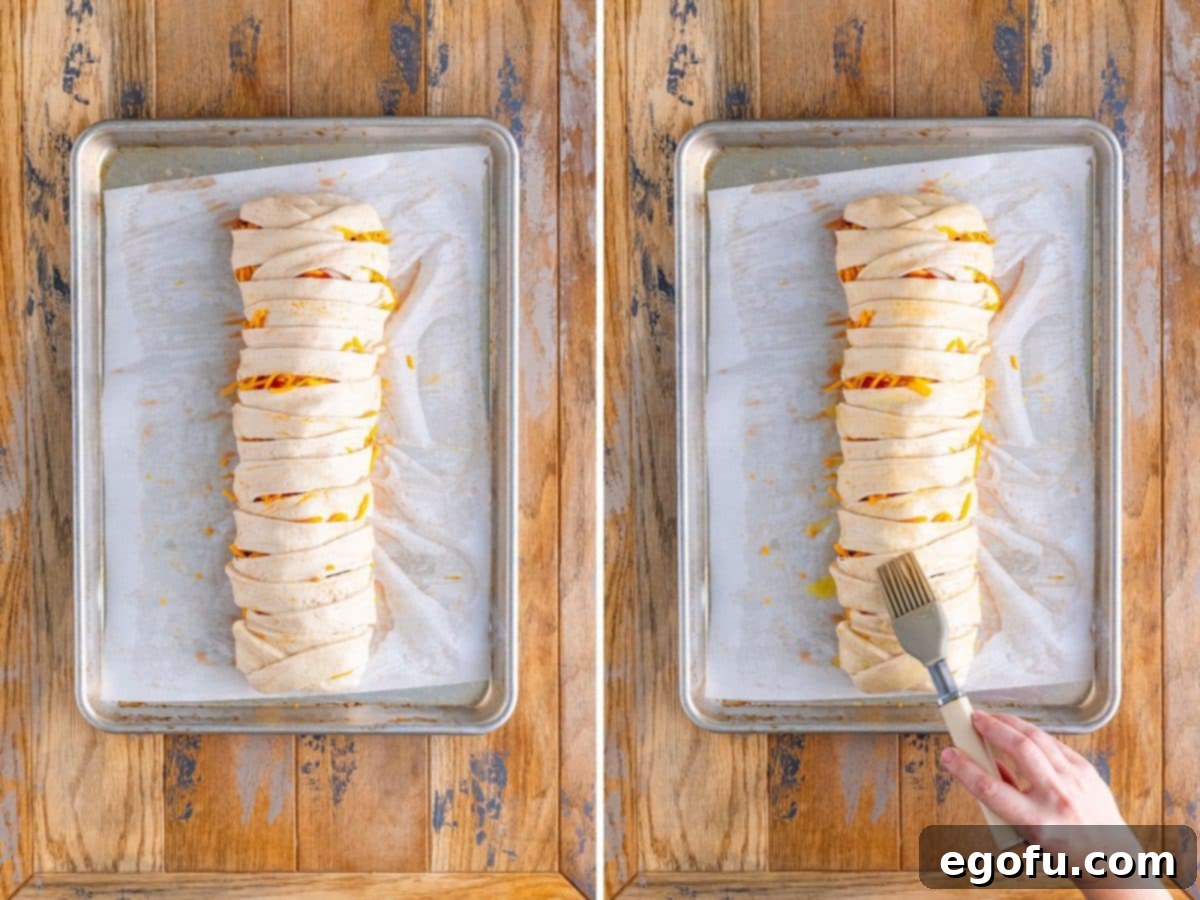 Two images side by side: An unbaked Taco Braid on a baking sheet on the left, and melted butter being gently brushed over the top and sides of the unbaked braid on the right.