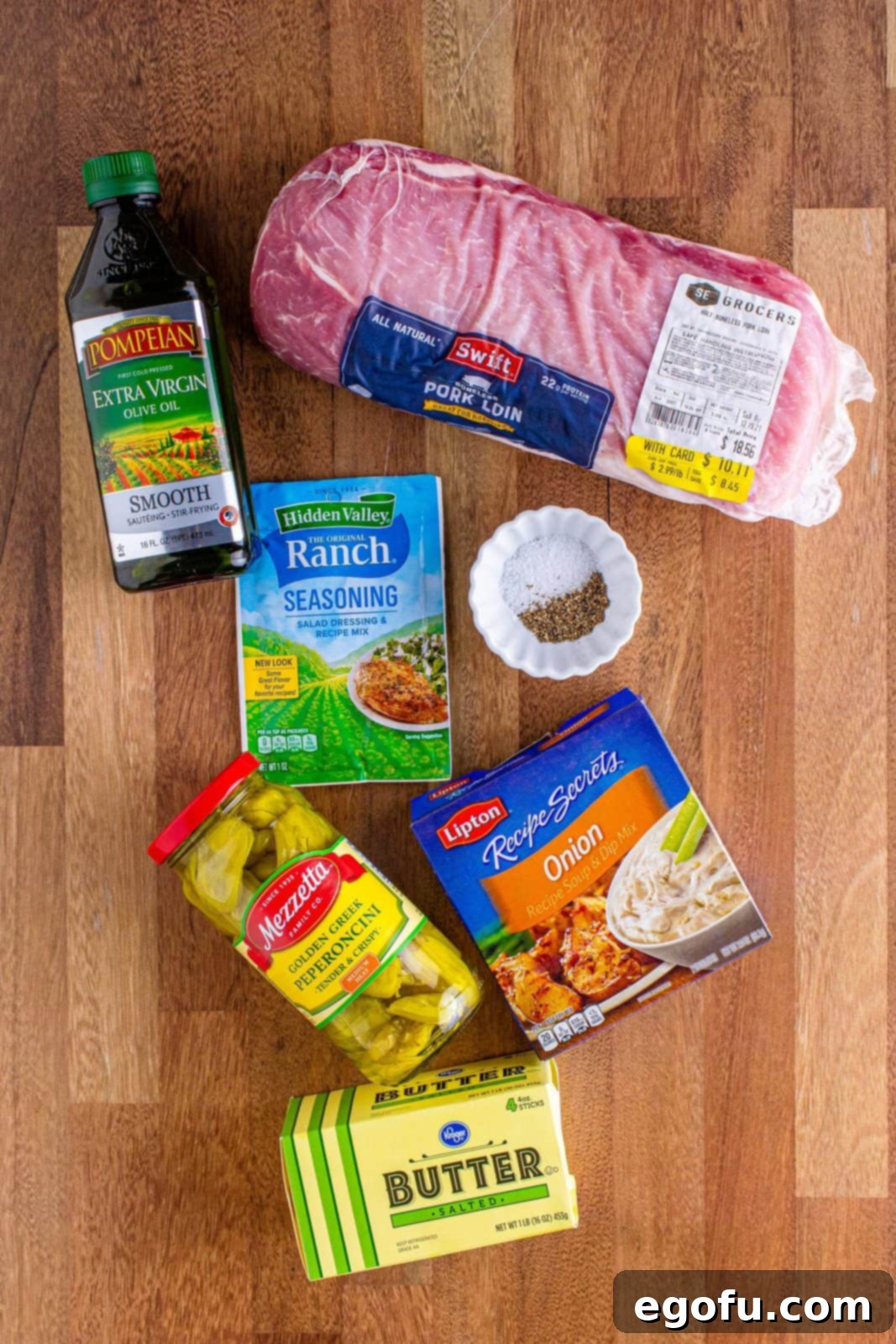 Fall-Apart Mississippi Pork Perfection 4 Ingredients needed for Crock Pot Mississippi Pork Roast: boneless pork roast, olive oil, salt and pepper, ranch dressing mix, dry onion soup mix, salted butter, and peperoncini peppers.