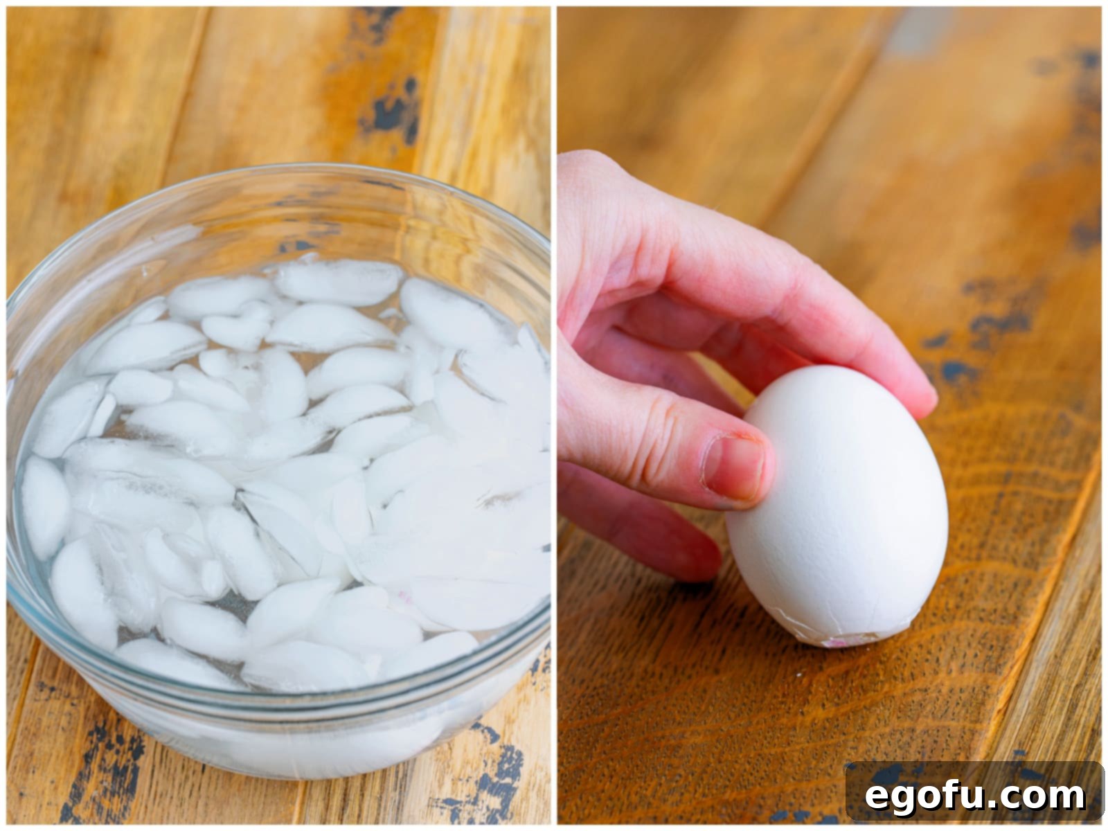 A collage showing the two crucial first steps: eggs cooling in an ice bath and tapping the wider end of an egg to crack the shell.
