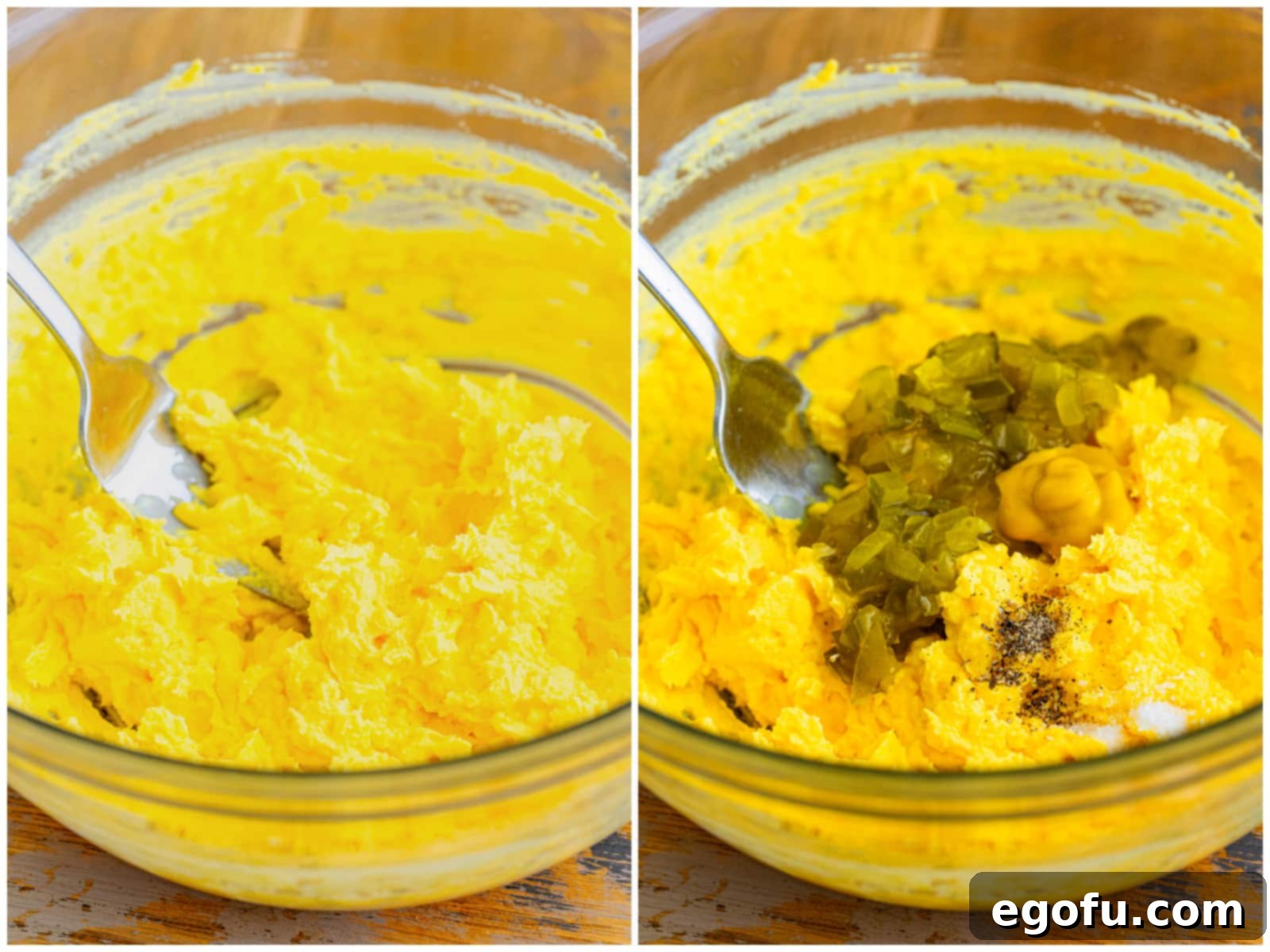 A collage showing the process of making deviled egg filling: mashing egg yolks with mayonnaise, followed by adding relish, mustard, salt, and pepper to the mixture.