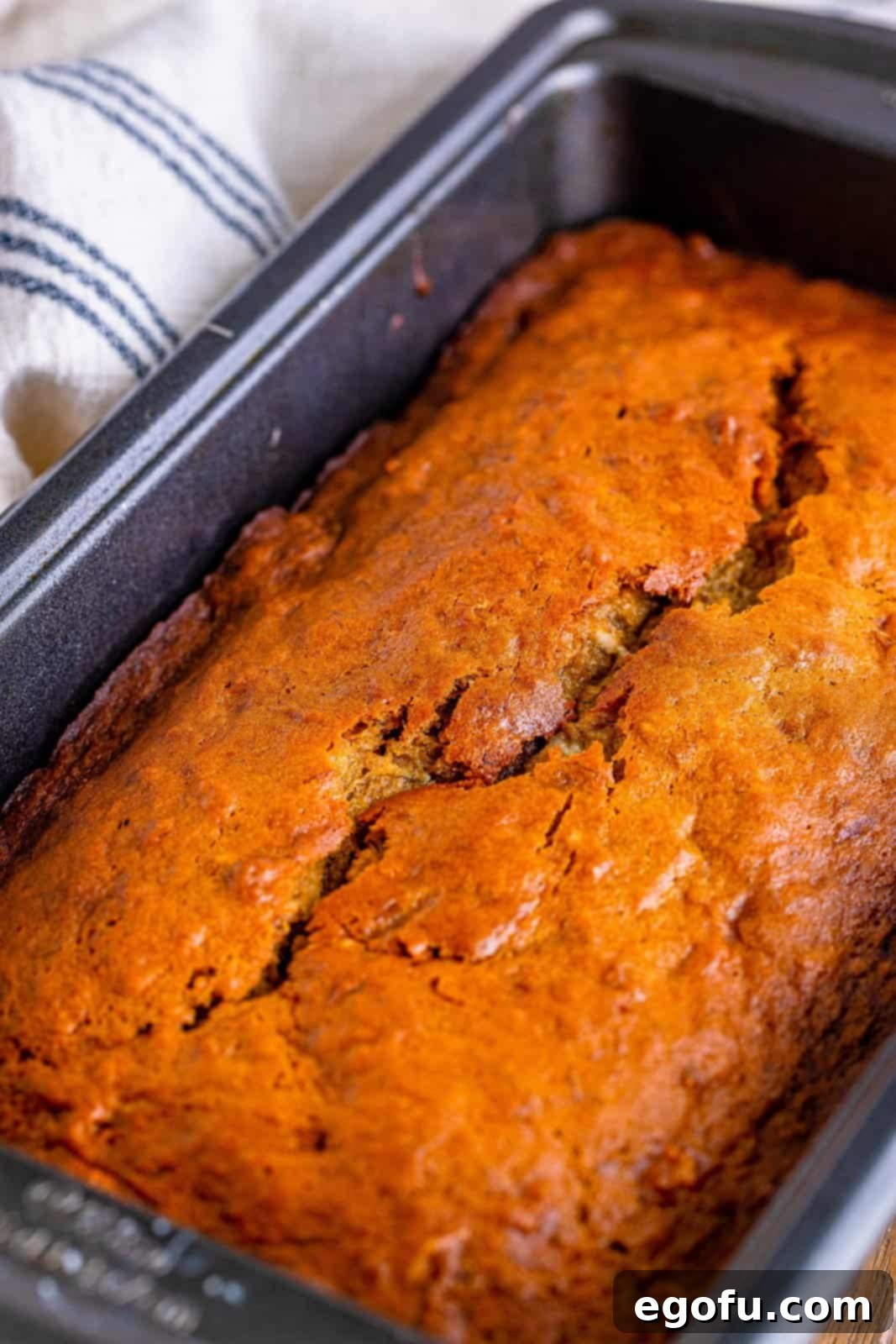 Cream Cheese Swirl Banana Bread 13 A fully baked loaf of cream cheese banana bread, golden brown and perfectly risen, fresh from the oven.
