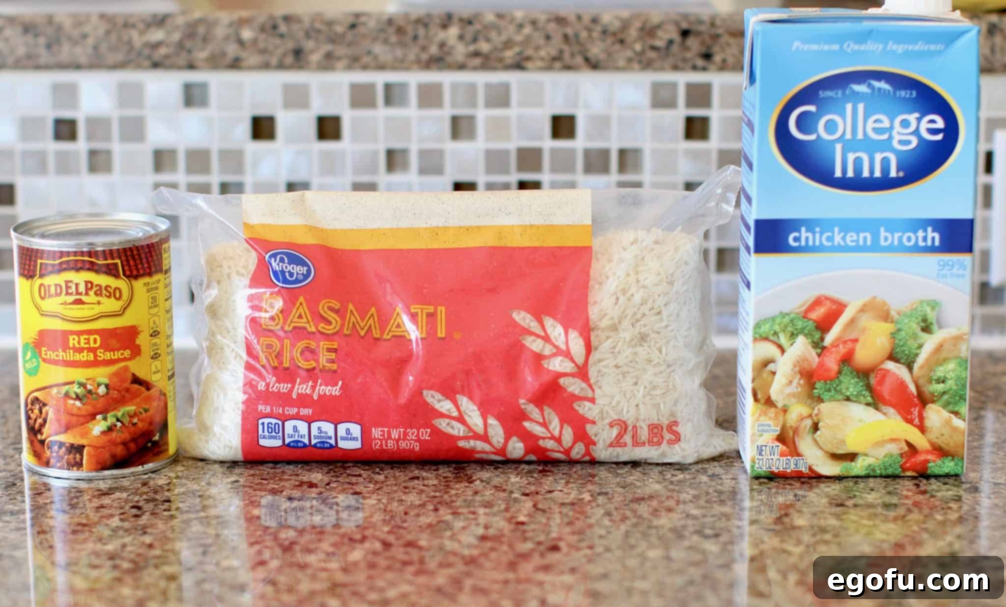 Basmati rice, chicken broth and enchilada sauce.