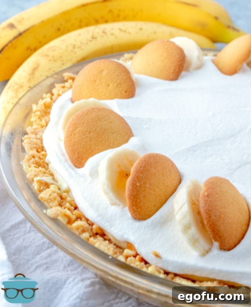 Whole New York Banana Cream Pie, beautifully topped with a few banana slices and Nilla wafers, ready to be served.