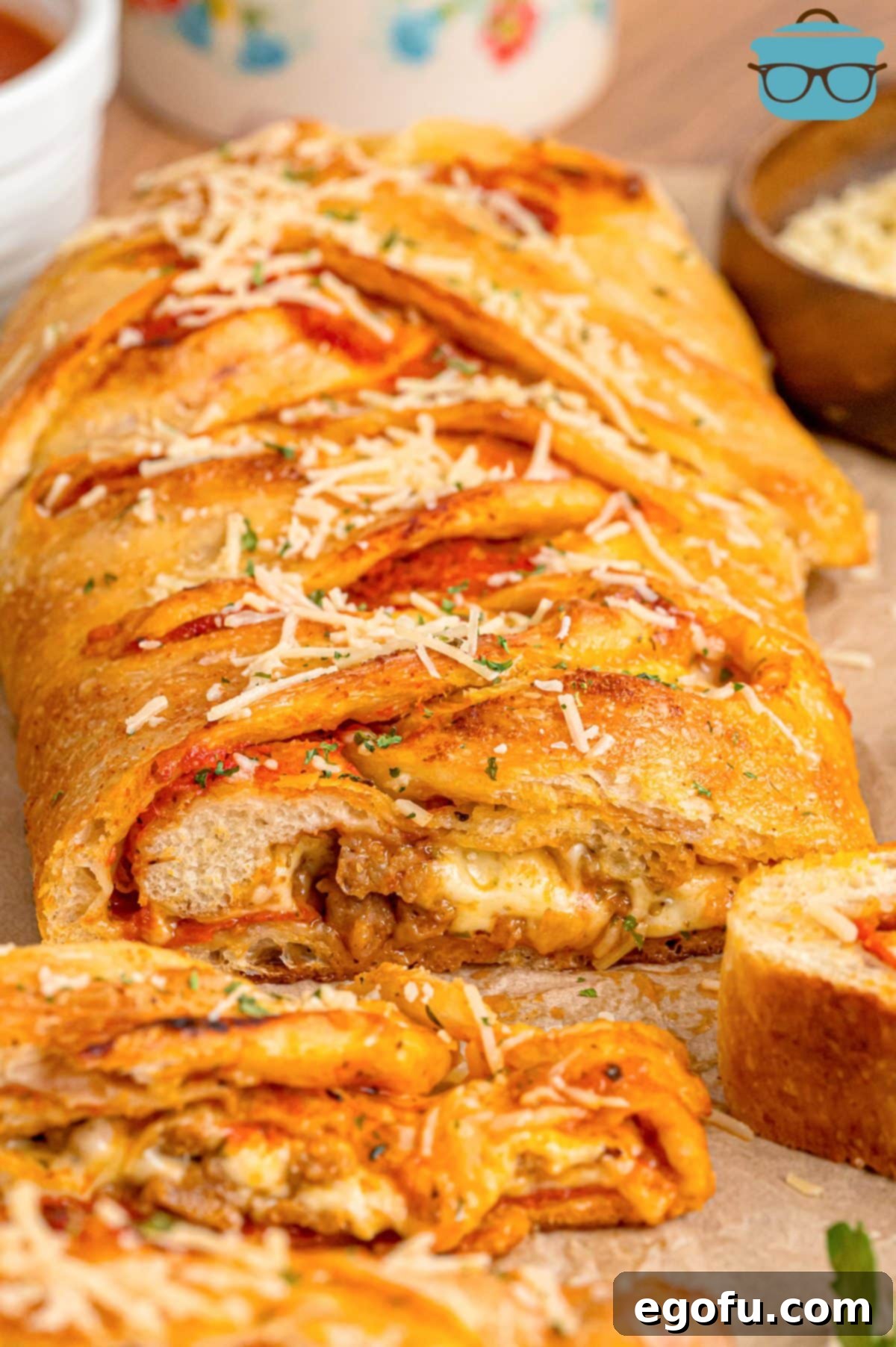 An Easy Stromboli cut up into slices.