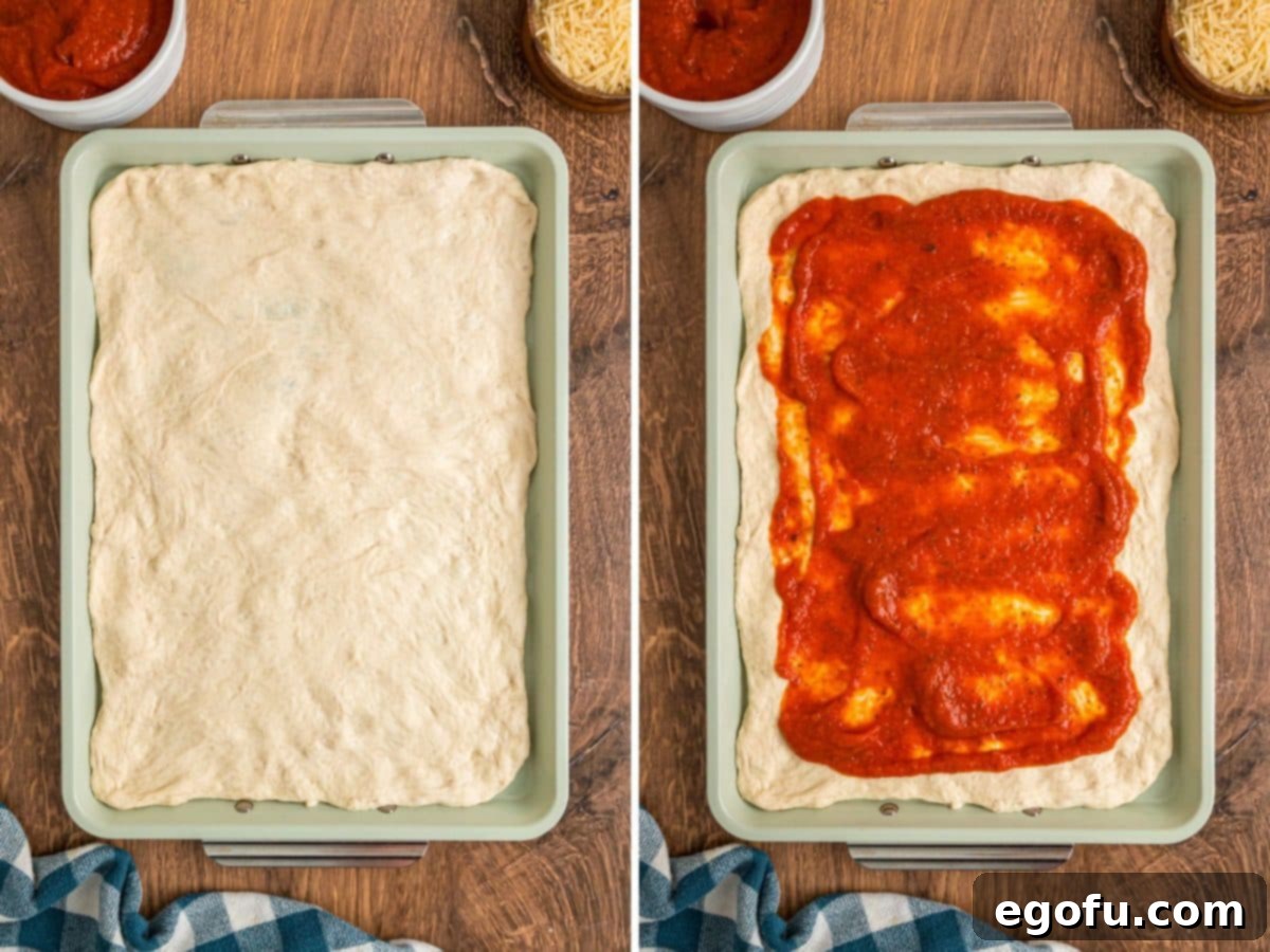 Pizza dough spread out on a baking sheet and dough with pizza sauce.