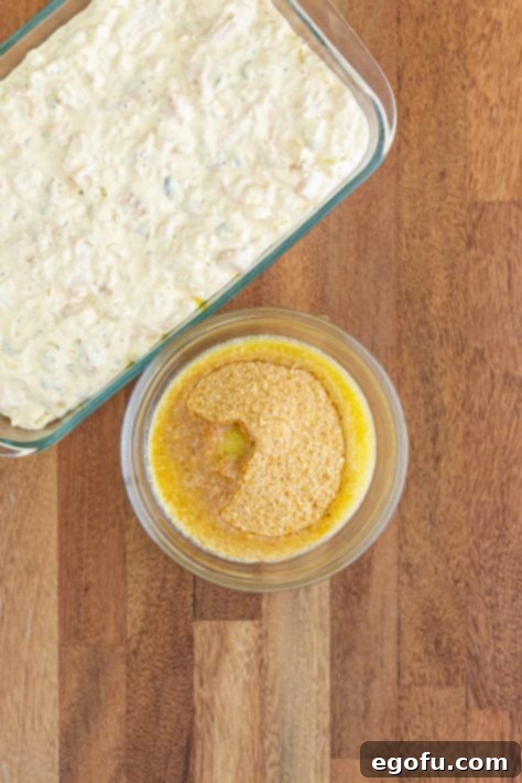 melted butter and bread crumbs in a small bowl.