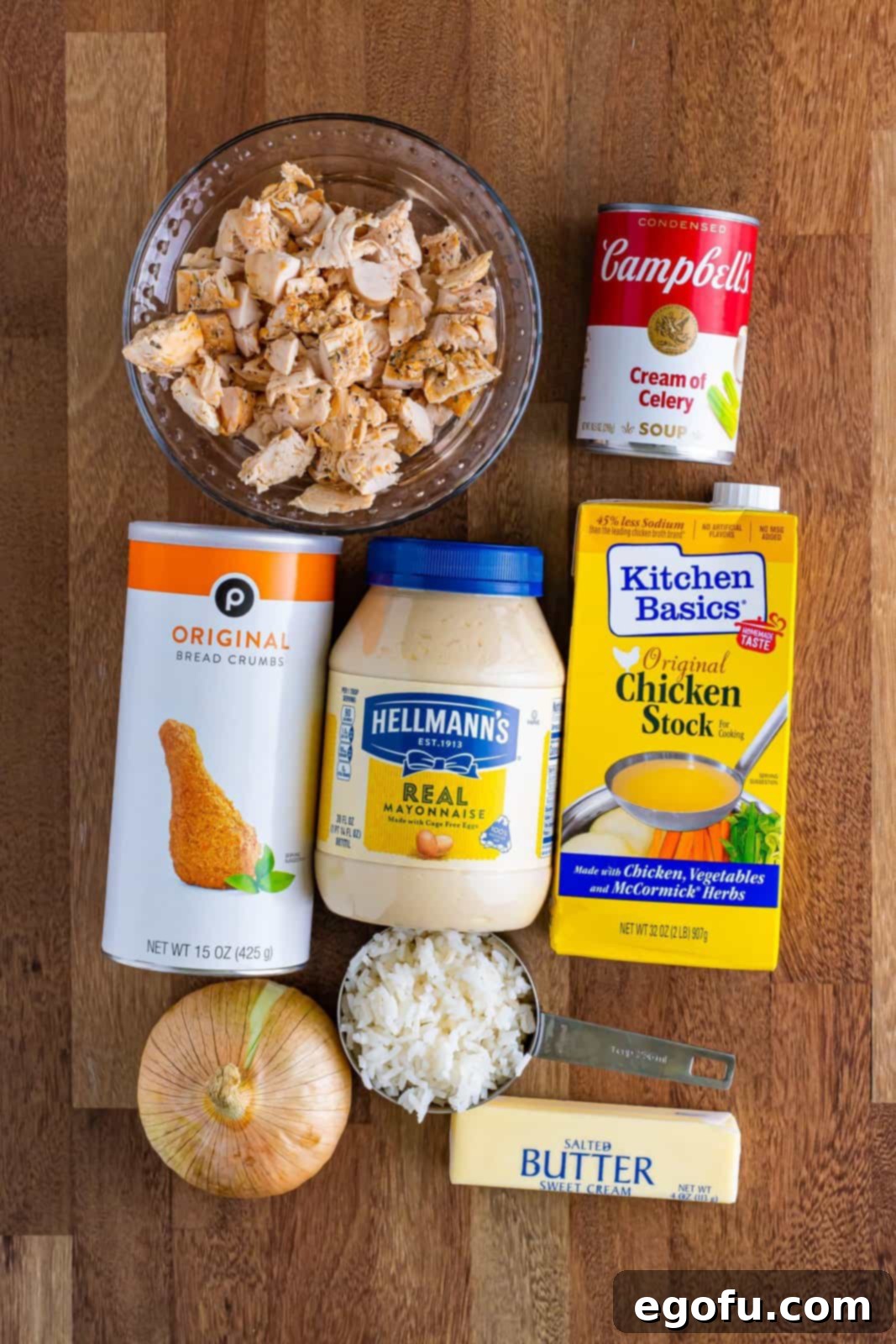 A collage displaying the core ingredients for the chicken and rice casserole: chopped chicken, cream of celery soup, mayonnaise, chicken stock, bread crumbs, cooked rice, butter, and finely diced onion.