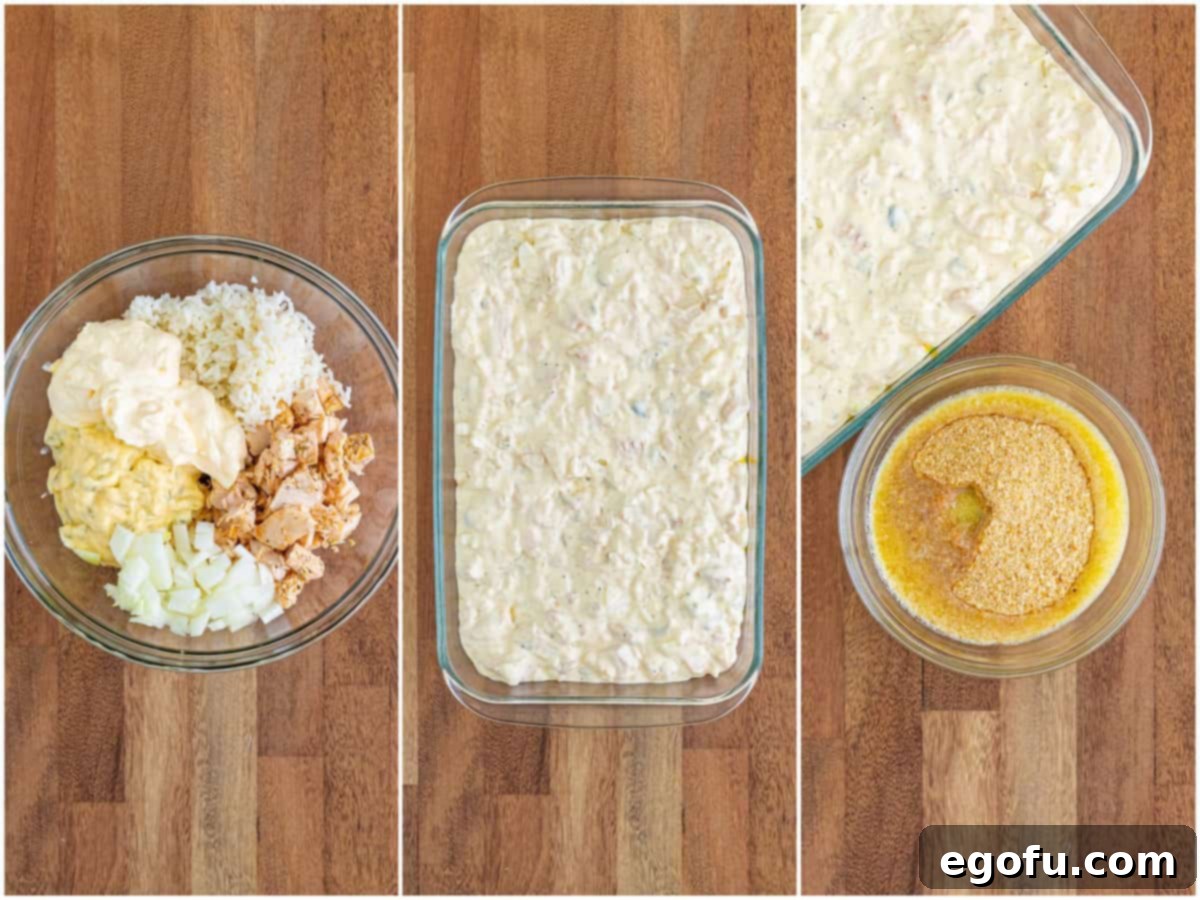A three-panel collage showing the process: cooked rice, mayonnaise, cream of celery, diced onion, and chicken in a mixing bowl; the chicken mixture spread evenly in a baking dish; and melted butter combined with bread crumbs in a small bowl.