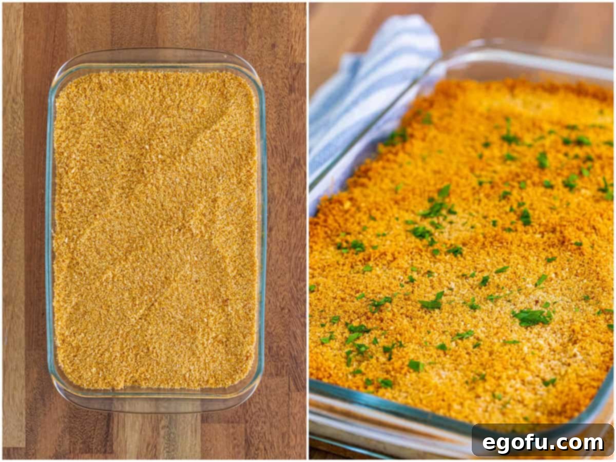 A two-panel collage: the first showing bread crumbs being sprinkled over the casserole mixture; the second showing the fully baked chicken and rice casserole, golden and bubbly, with fresh parsley garnish.