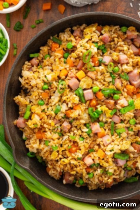 Golden Ham Fried Rice 11 A large skillet of fresh made Ham Fried Rice, generously garnished with thinly sliced green onions for a final flourish.