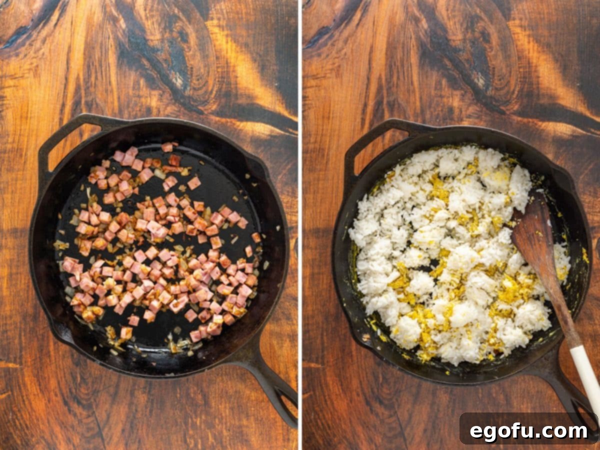 Golden Ham Fried Rice 6 A skillet showing ham and onions being sautéed until golden and slightly crispy, a crucial step in building flavor for Ham Fried Rice.