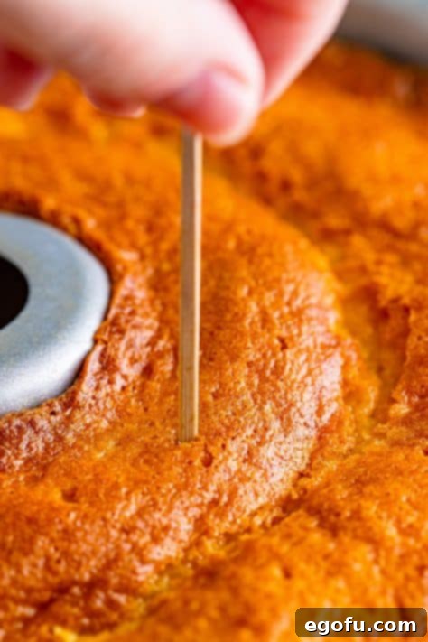 Poking holes in a cake with a wooden skewer.