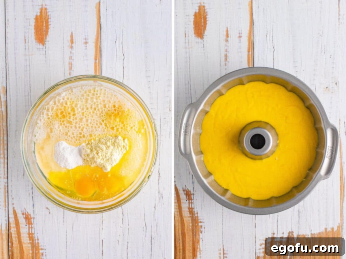 A mixing bowl filled with light pink cake batter and a bundt pan ready with batter for baking, showcasing the preparation process.