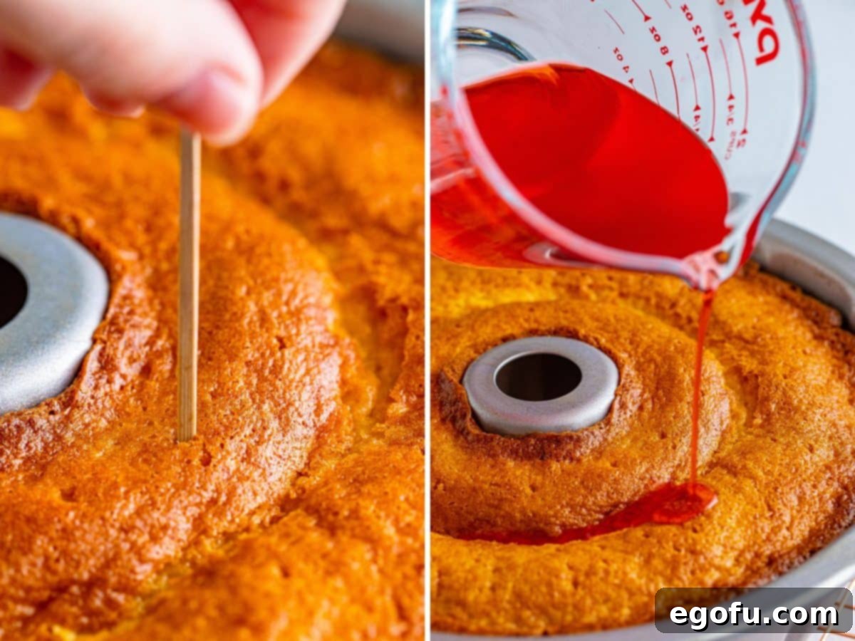 A hand expertly poking holes into a freshly baked cake with a wooden skewer, followed by a close-up of vibrant red cherry juice being drizzled over the cake.