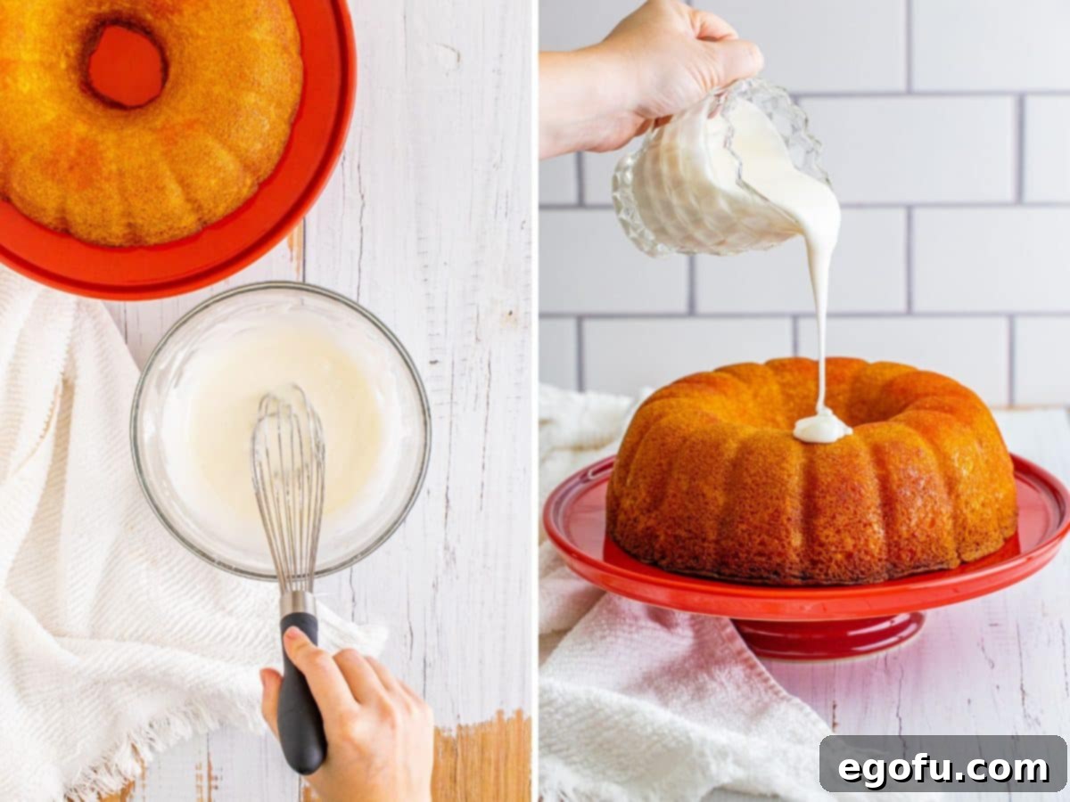 Ingredients for the glaze—lemon extract, powdered sugar, and milk—being whisked in a bowl, followed by a hand artfully drizzling the completed icing over the cooled bundt cake.