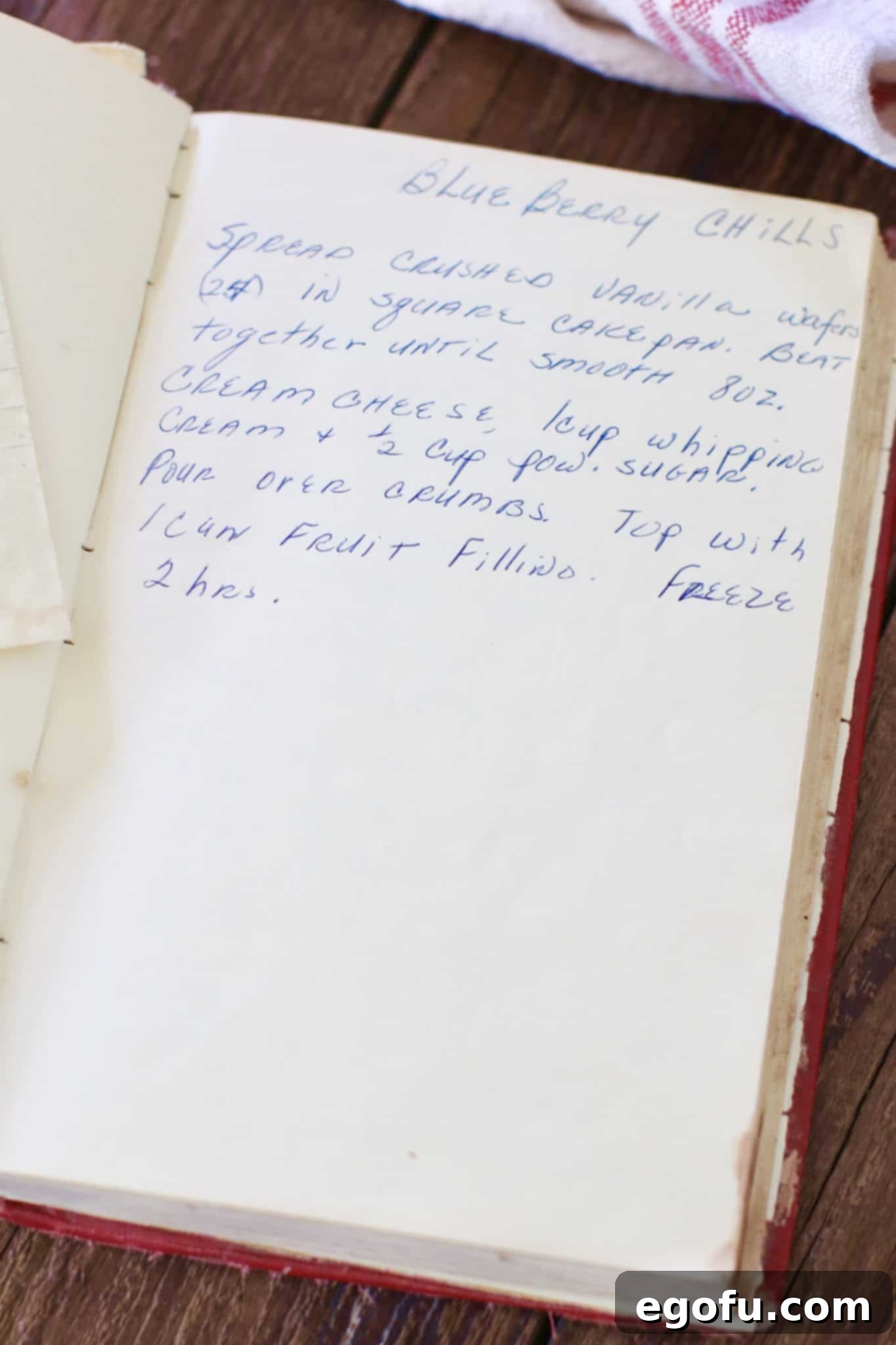 Grandma B's Blueberry Icebox Bars 3 Grandma's Cookbook showing her handwritten recipe for blueberry chills.