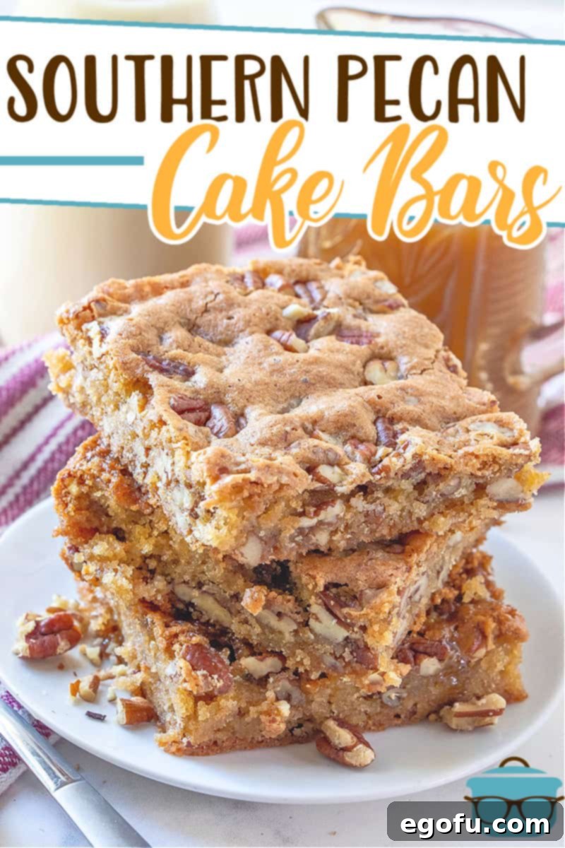 Southern Pecan Cake Bars recipe from The Country Cook. Three bars shown stacked on a small round white plate.