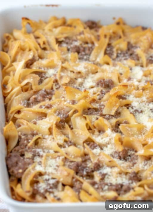 Amish Country Casserole in a baking dish with Parmesan cheese