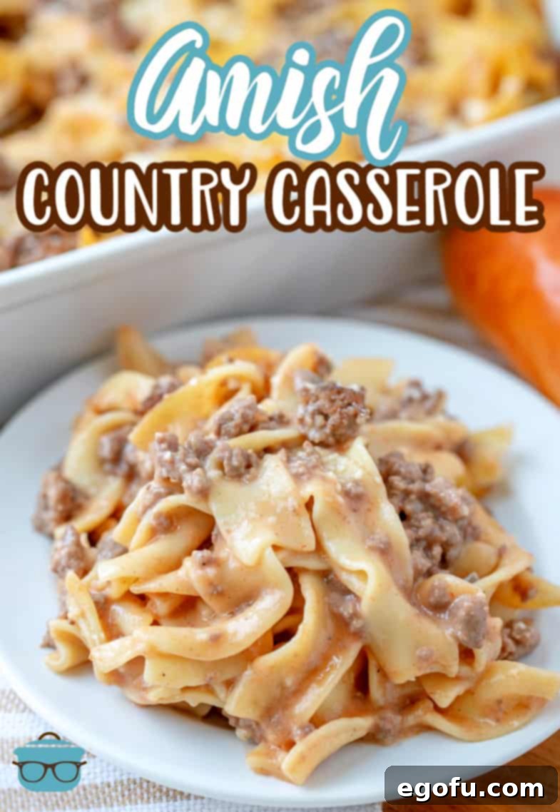 Amish casserole serving shown on a small round white plate with casserole dish in the background.