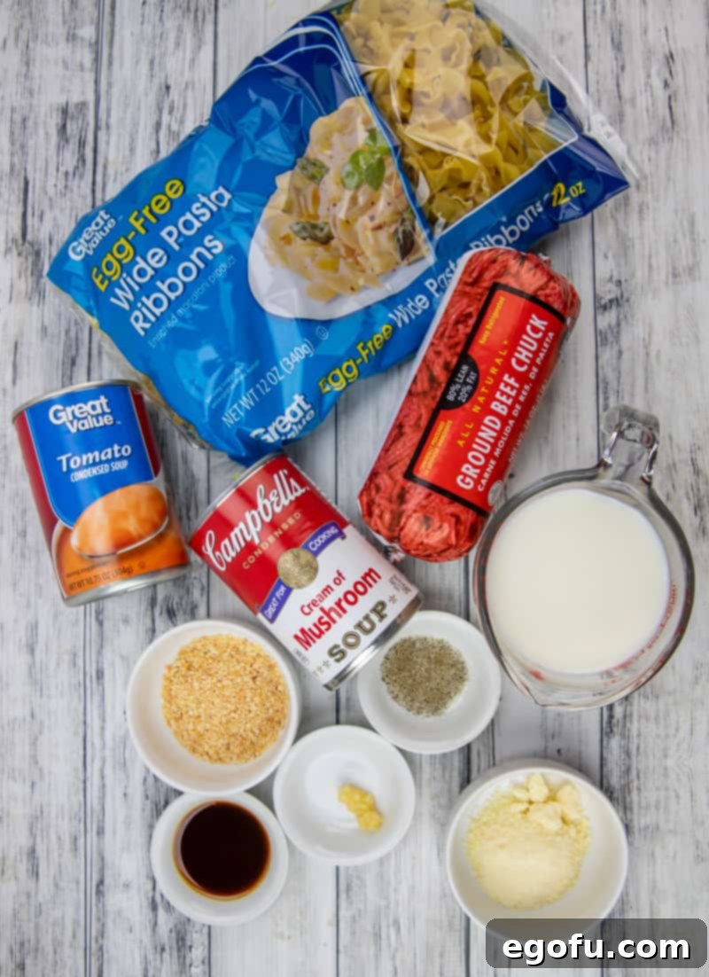 egg noodles, ground beef, tomato soup, cream of mushroom soup, milk, salt, pepper, Worcestershire sauce, minced garlic, dried onion flakes, Parmesan cheese.