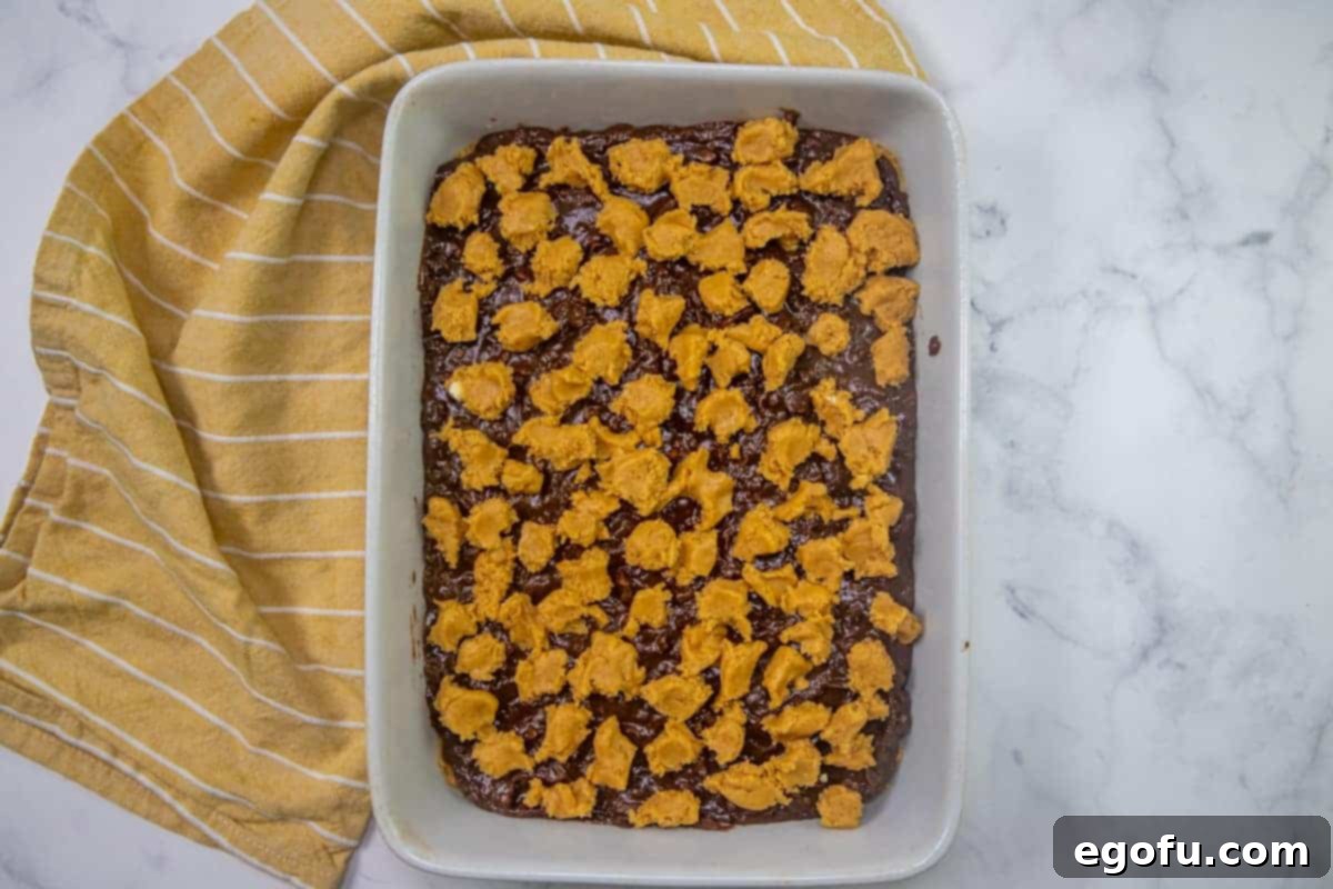 the remaining cake mix pinched into crumbles and spread on top of chocolate filling in baking dish. 