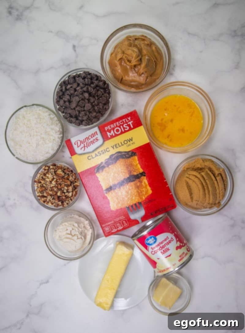 yellow cake mix, peanut butter, salted butter, eggs, semi-sweet chocolate chips, sweetened condensed milk, salted butter, sweetened flaked coconut, light brown sugar, all-purpose flour, chopped pecans.