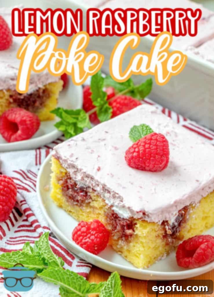 Lemon Raspberry Poke Cake recipe from The Country Cook, slice of cake shown on a small round plate topped with a fresh raspberry and a piece of mint