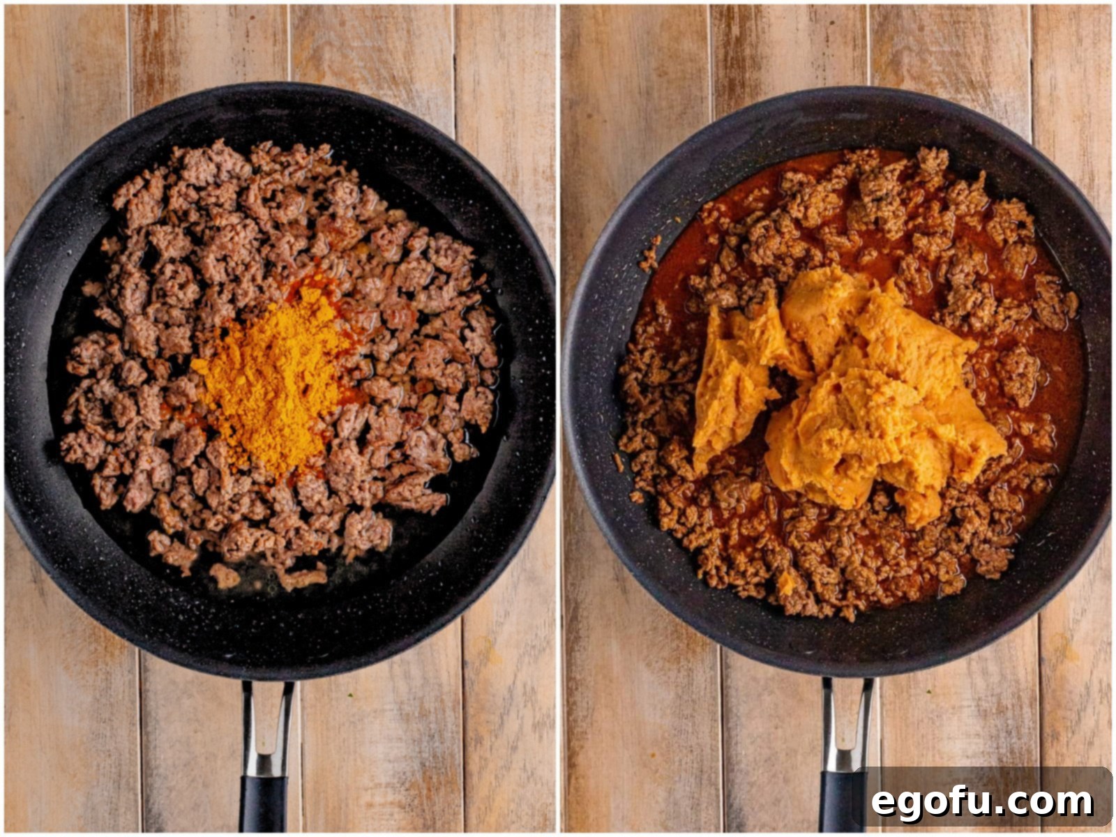Collage showing ground beef browning in a skillet and refried beans being added to the seasoned beef mixture.