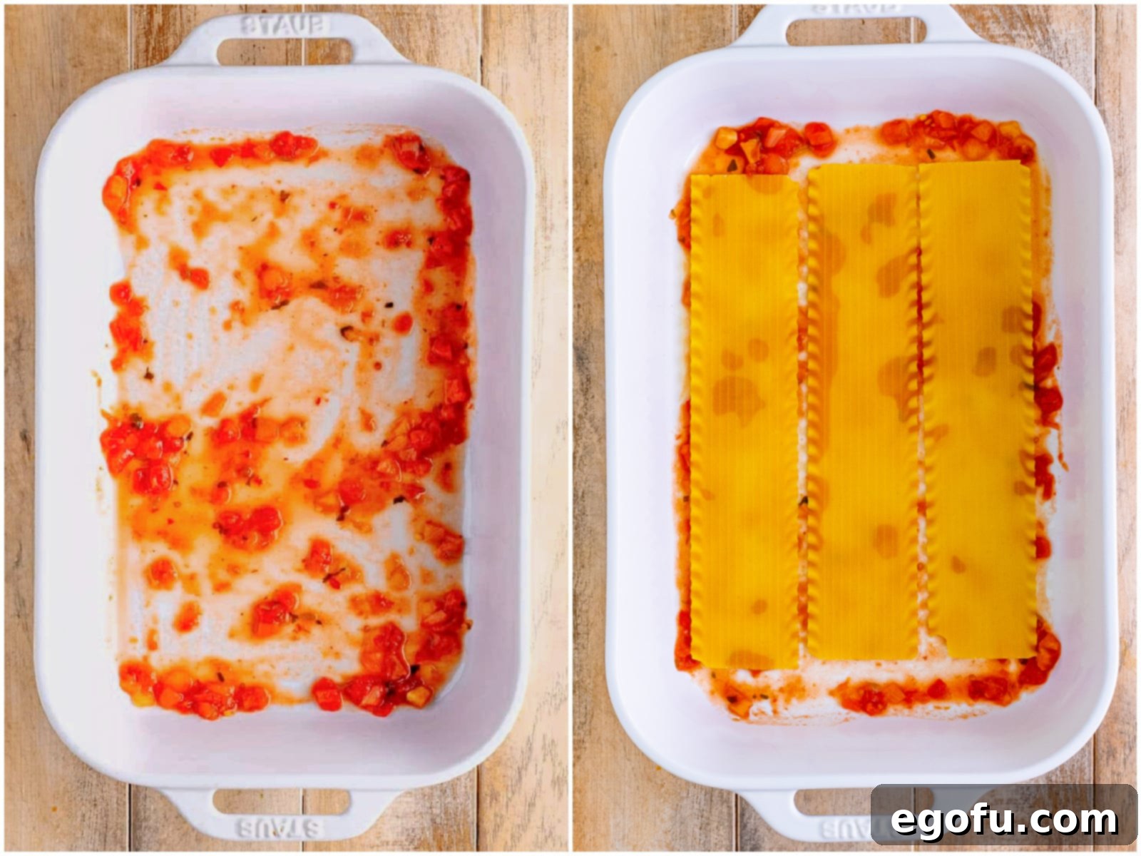 Collage showing salsa spread in a baking dish and oven-ready lasagna noodles laid on top.