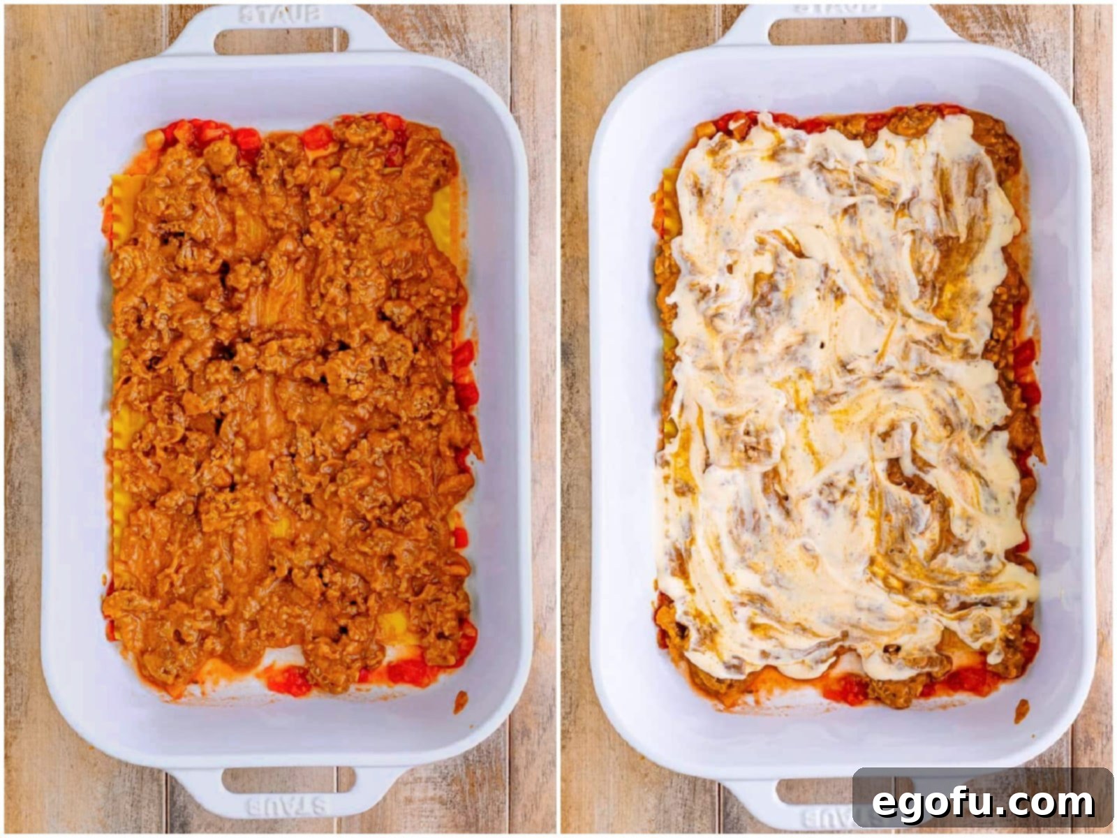 Collage showing the ground beef mixture layered over noodles and Alfredo sauce spread over the beef.