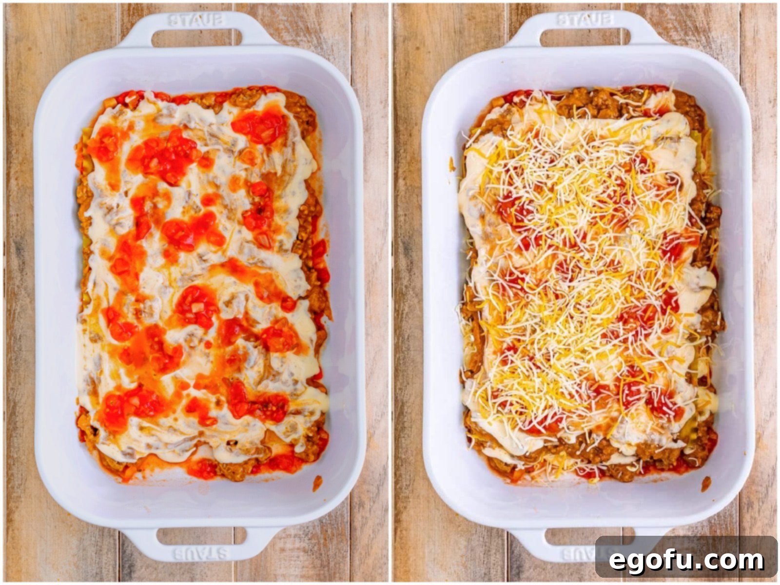 Collage showing salsa dolloped onto the Alfredo layer and shredded cheese added on top of the salsa.