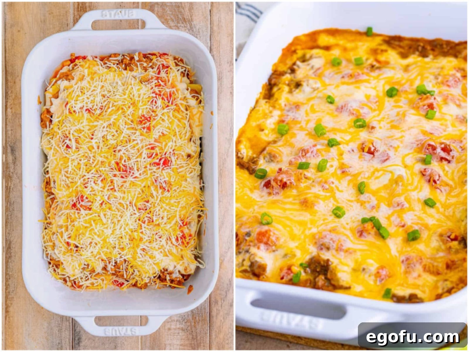 Collage showing all layers assembled in the baking dish and the fully baked Mexican Lasagna.