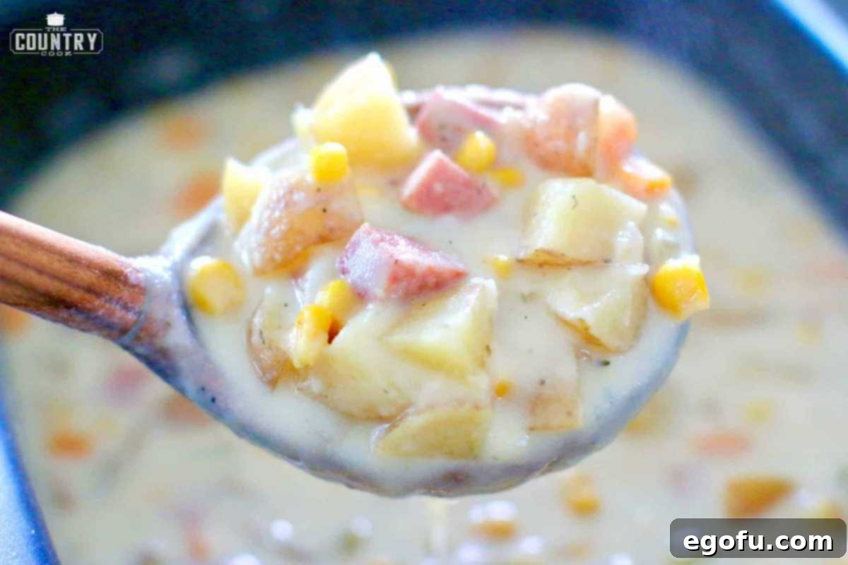 Potatoes, ham, corn and carrots in chowder being helped up by a wood ladle.