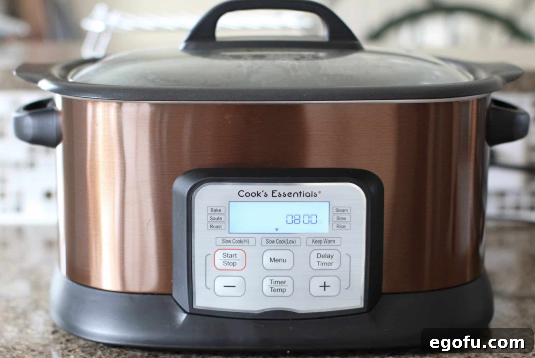 Cook's Essentials slow cooker with lid and the digital timer showing 8 hours.