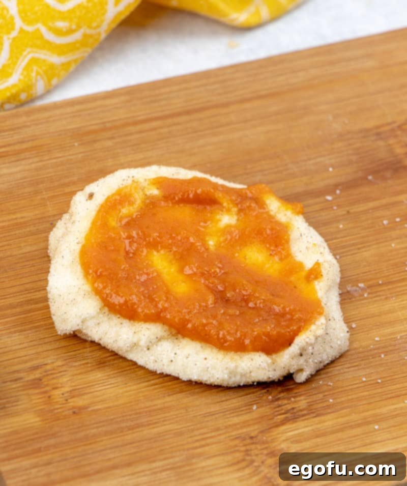 Spreading pumpkin mixture on top of cinnamon sugar coated biscuit slice for pull-apart bread