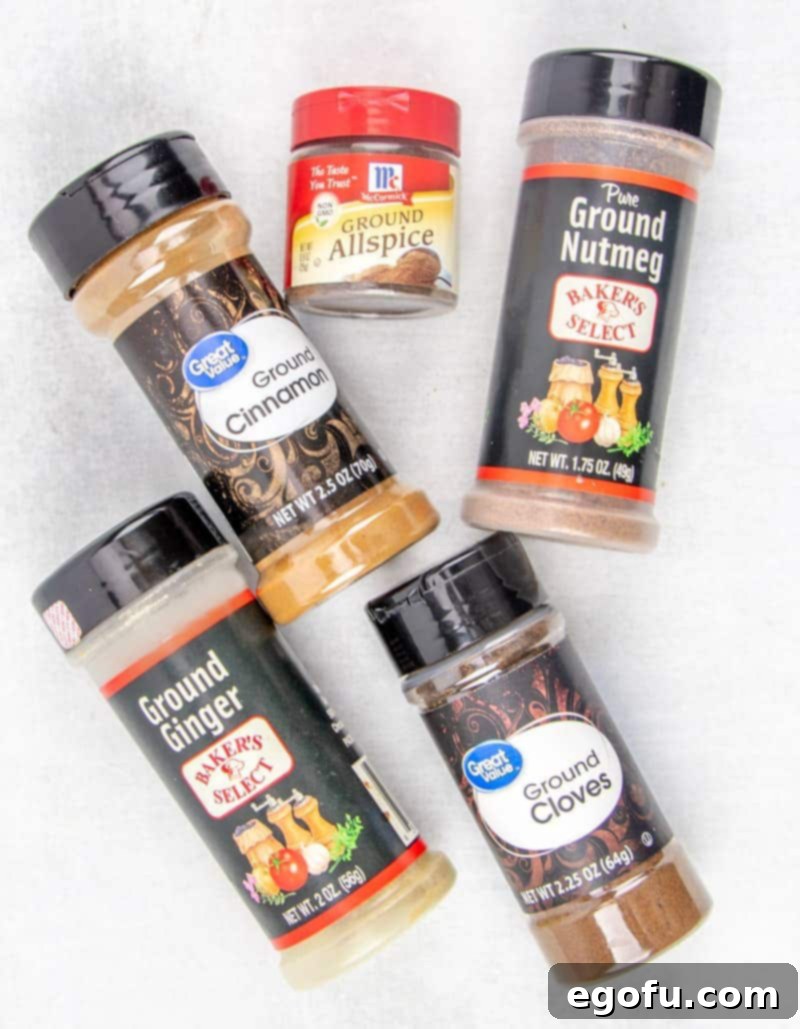 cinnamon, cloves, nutmeg, allspice and ginger bottles.