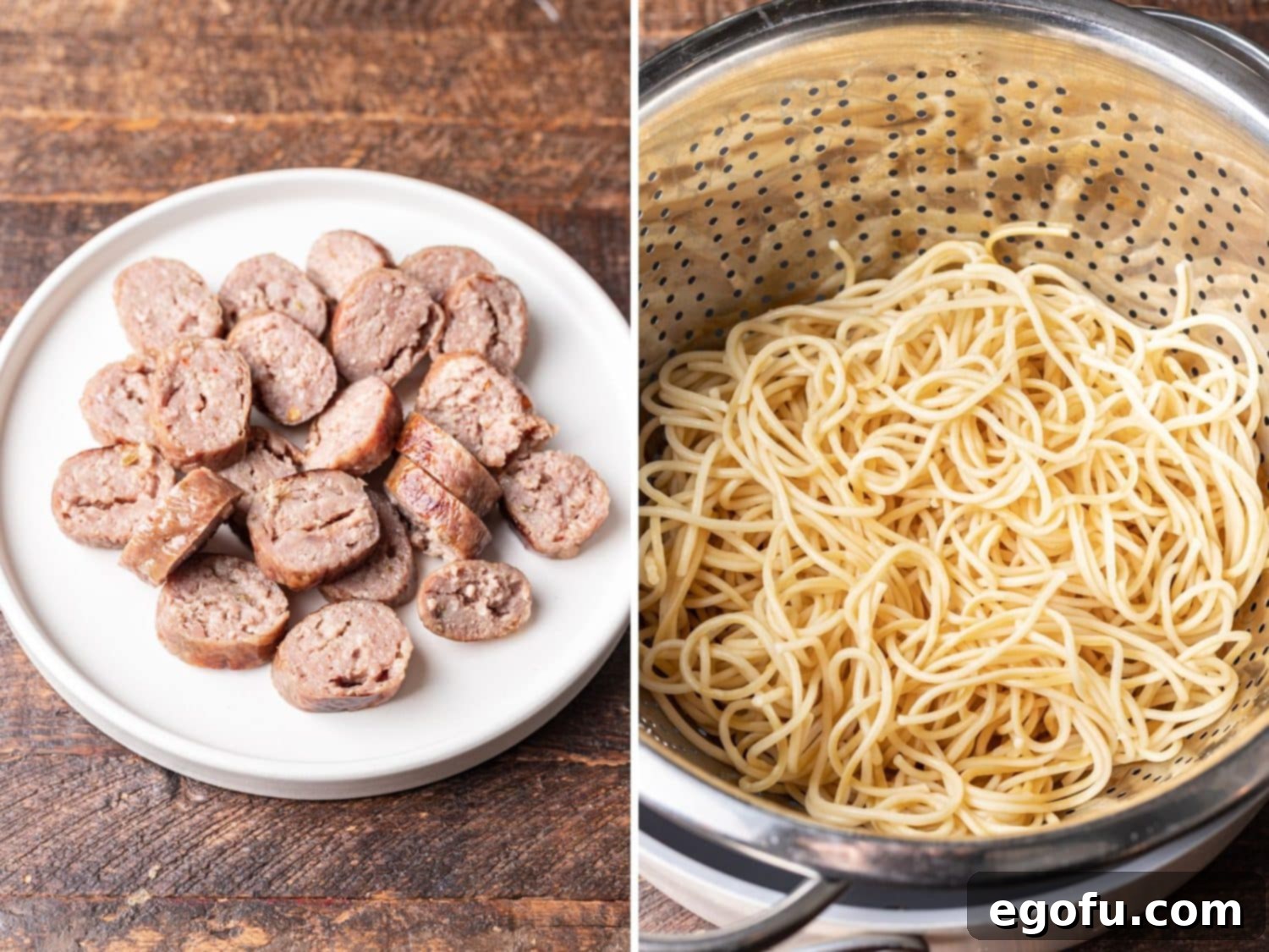 A plate with cooked sausage and some cooked spaghetti in a pot.