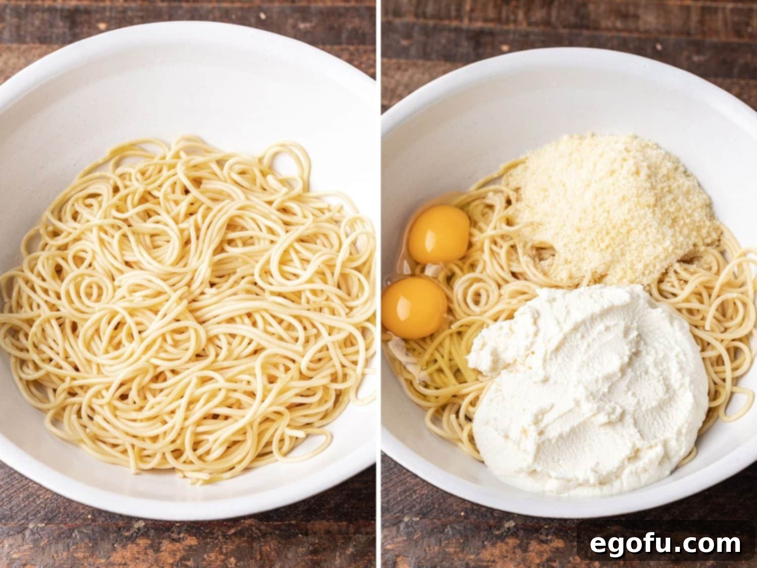 Drained and cooked pasta and pasta with eggs, ricotta cheese and parmesan cheese.