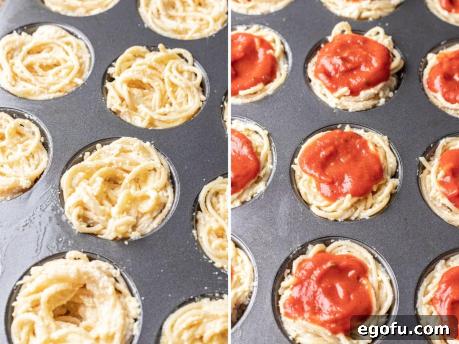 Cheesy spaghetti in muffin cups and spaghetti sauce on top.