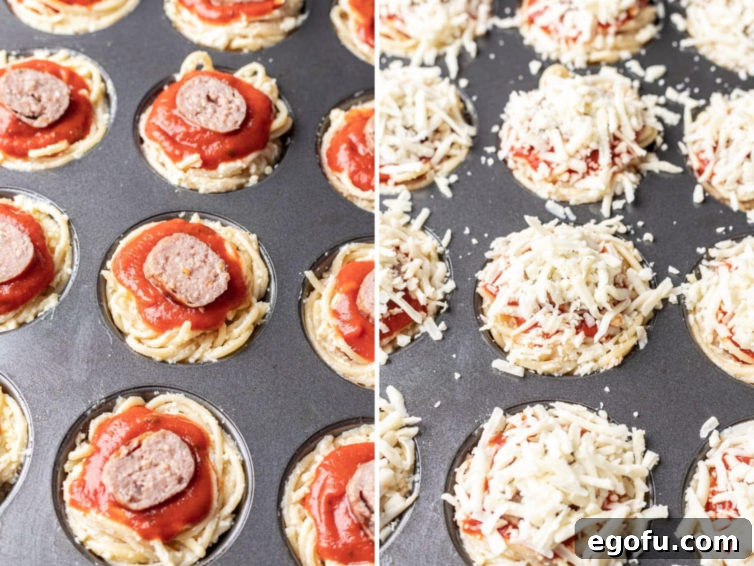 Cooked sausage on top of pasta with red sauce and sausage and some cheese on top.