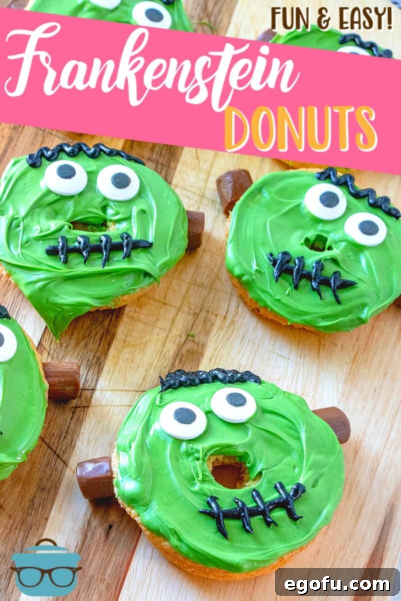 Fun and Easy Frankenstein Doughnuts recipe from The Country Cook, showcasing the final decorated treats.