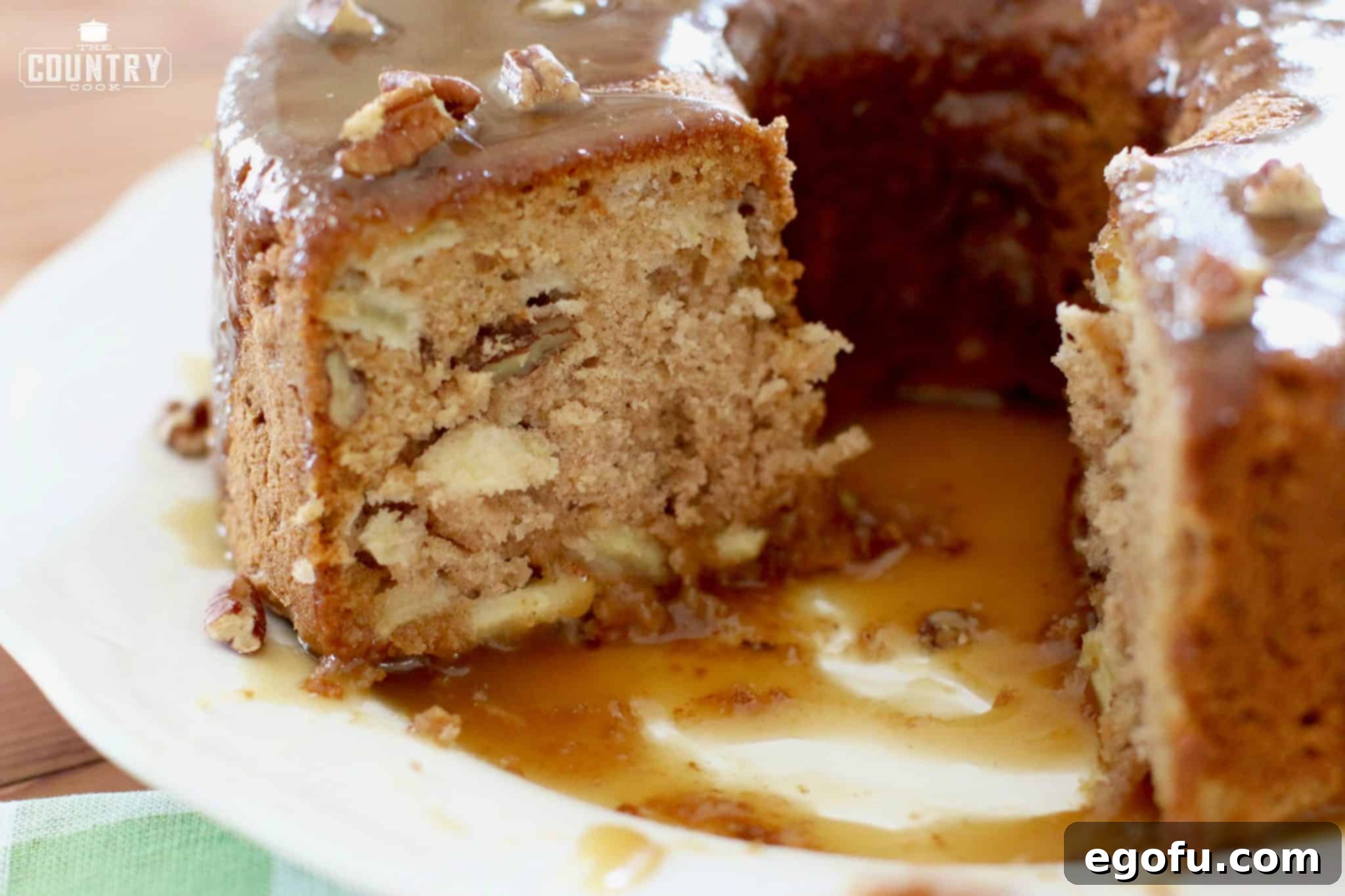homemade apple cake with caramel drizzle.