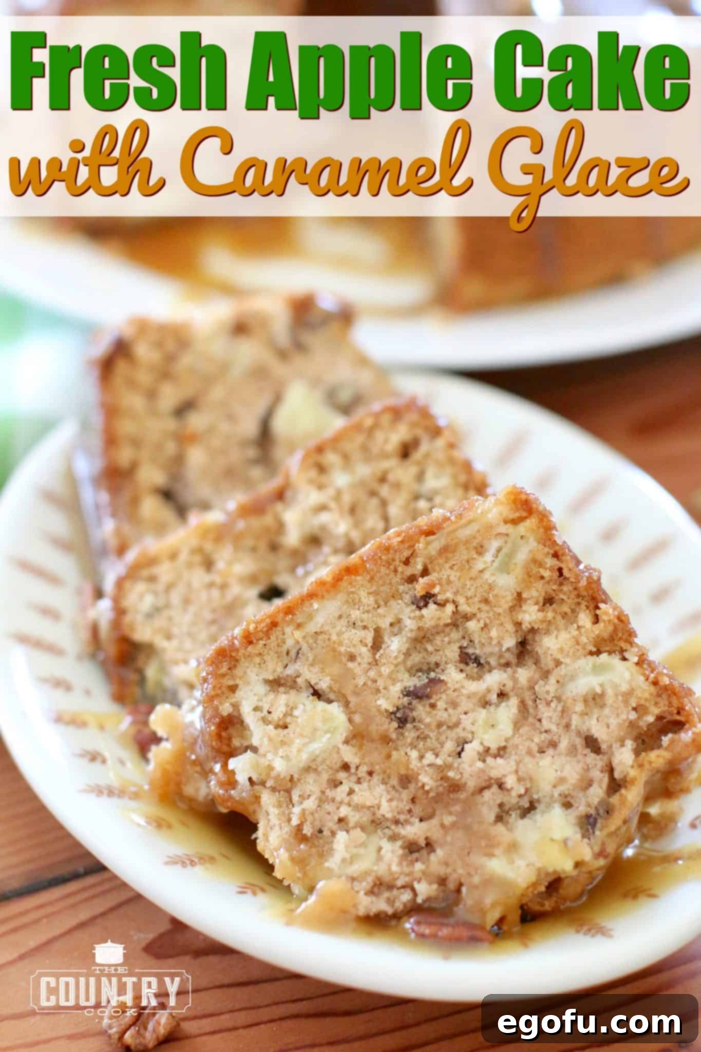 slices of apple cake on a small serving plate with caramel sauce drizzled on top.