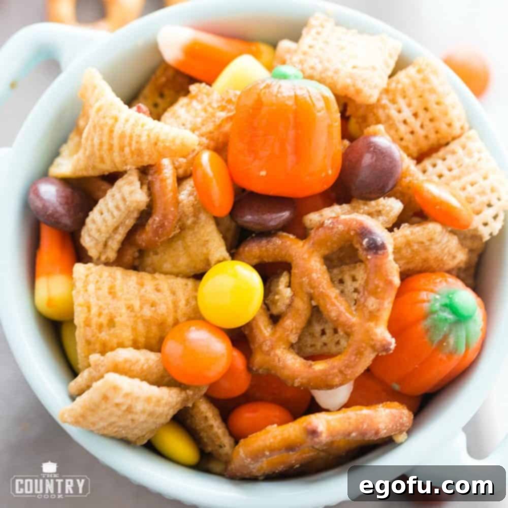 Fall Harvest Chex Mix shown close up in a small white bowl, capturing its autumnal colors and inviting texture.