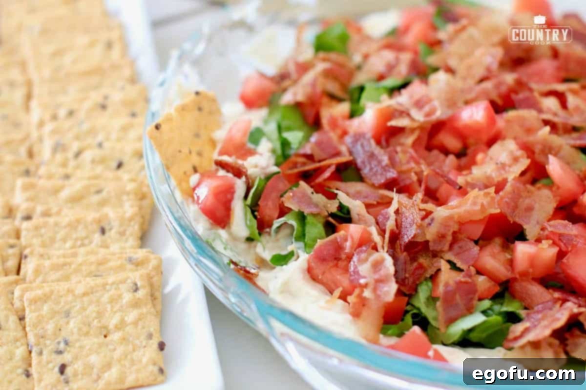 Closeup of Bacon Lettuce Tomato Dip with crackers lined up on the side.